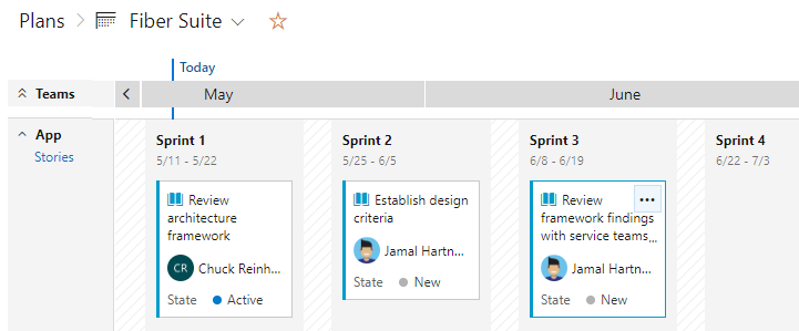 Screenshot that shows Plans view with Fiber Suite App team deliverables expanded.