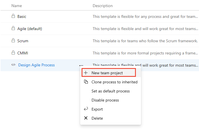 Screenshot shows Import process actions menu, Create new team project from imported process.