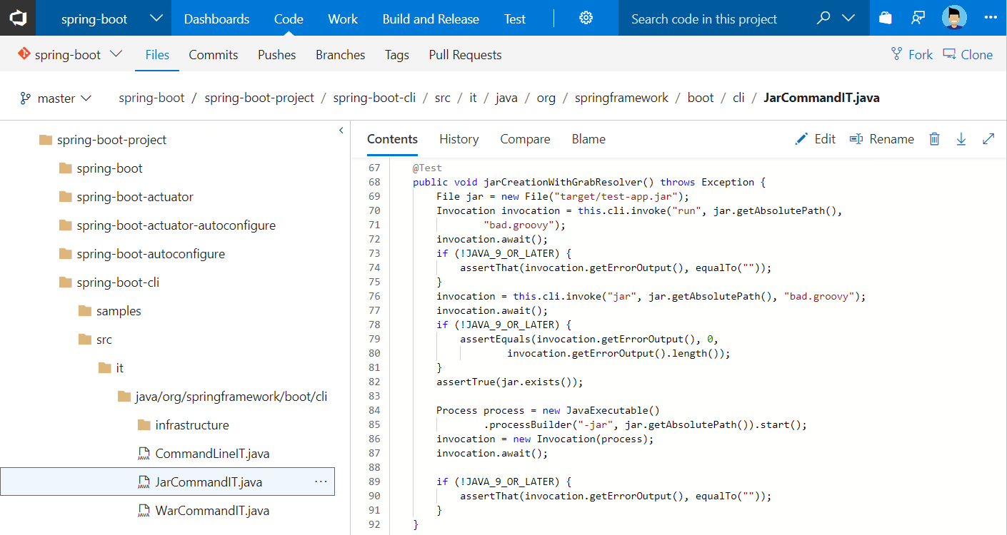 Code>Files repository page screen, Java DevOps hub
