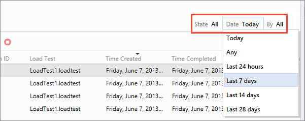 Filter load test runs by state, date, or user