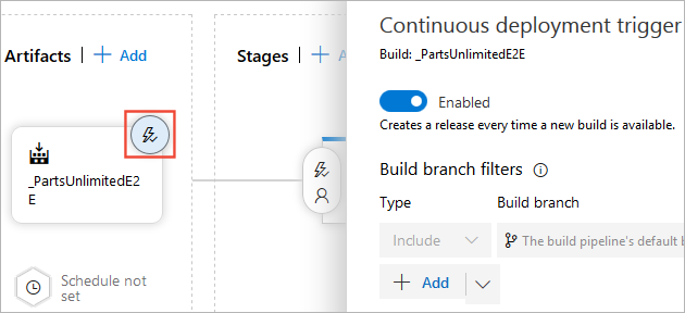 A screenshot showing how to set up the continuous deployment trigger