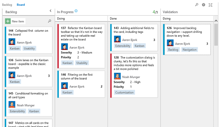Kanban board showing fields added to Bug cards