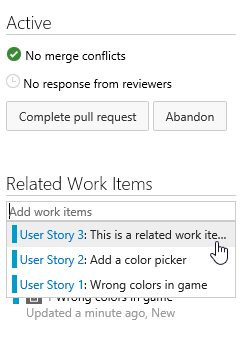 Related work items section in pull request details view