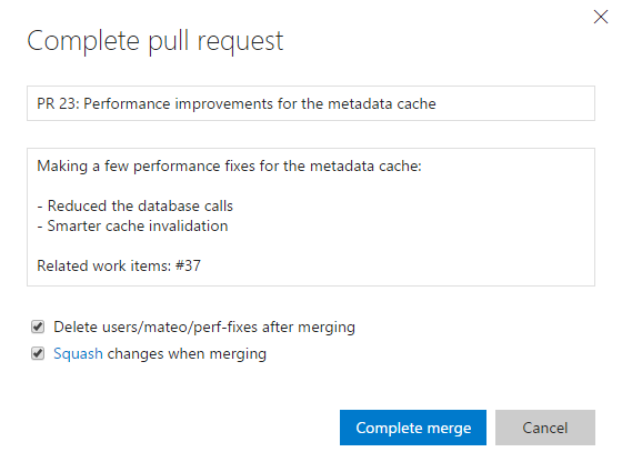 Completing a pull request with squash merge option