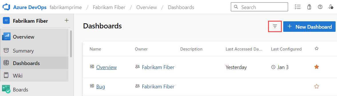 Screenshot shows highlighted Filter icon in the dashboard directory.