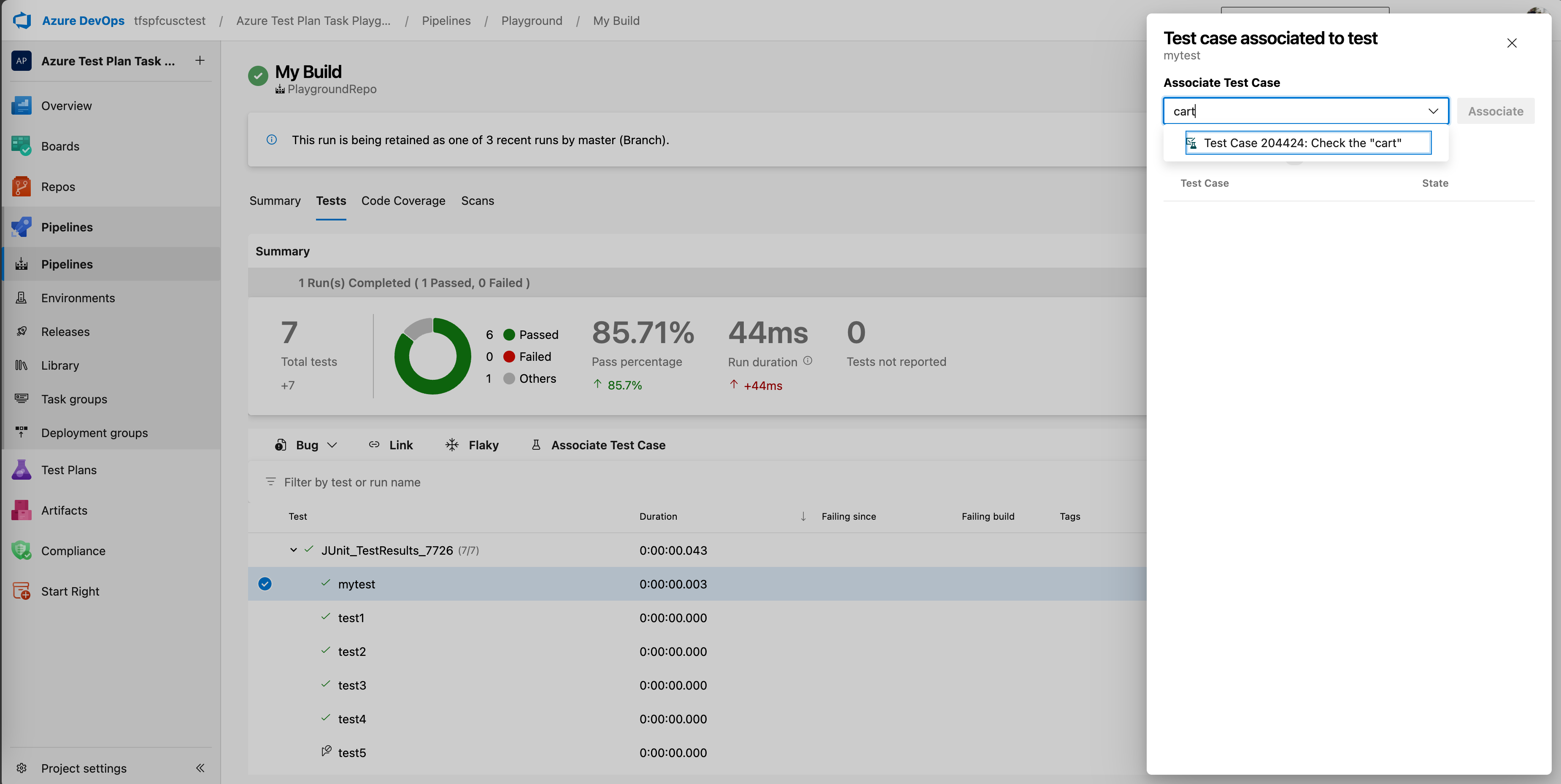 Screenshot showing the process of associating an automated test to a test case within a CI/CD pipeline interface.