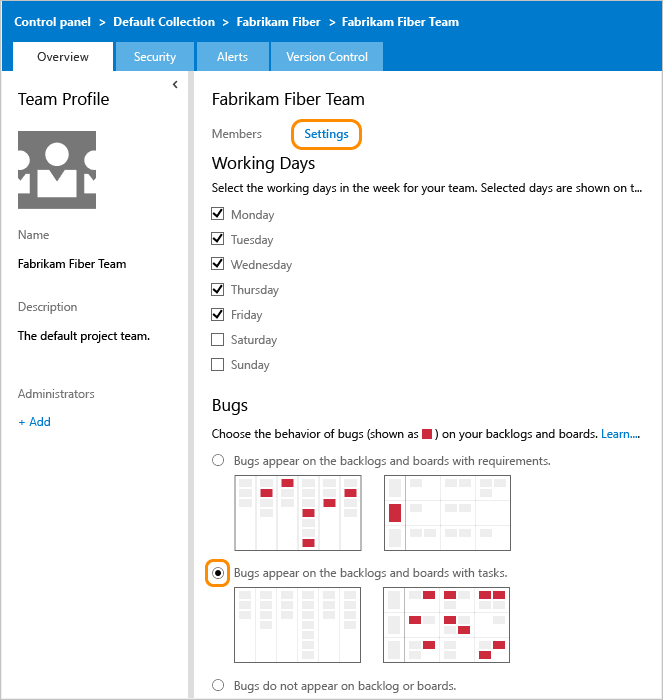 TFS 2015, web portal, team settings admin page, Working with bugs