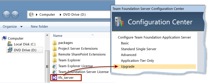 TFS server in file directory, then select upgrade
