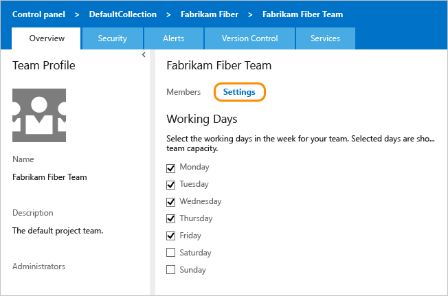 Team settings page for default working days