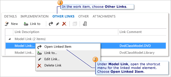 Open linked model element from a work item