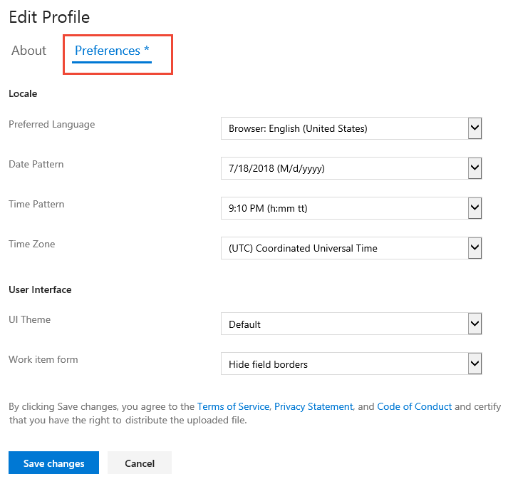 Screenshot of Preferences page with Save changes button