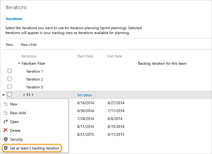 Set team default iteration path