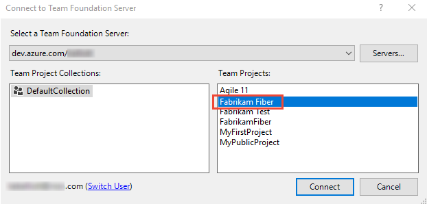Connect to Team Foundation Server dialog