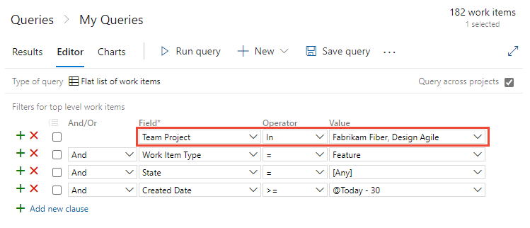 Azure Boards and TFS 2015.1, Web portal, Query across select projects using the In operator