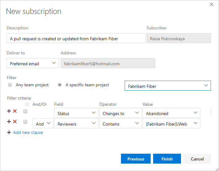 Updated notification subscription dialog with field criteria.