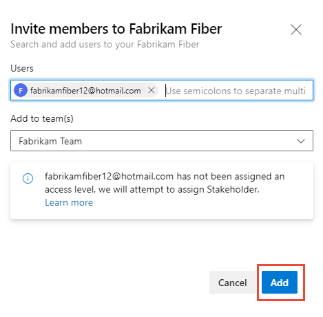 Invite members to a project dialog, unknown user, select teams to add.