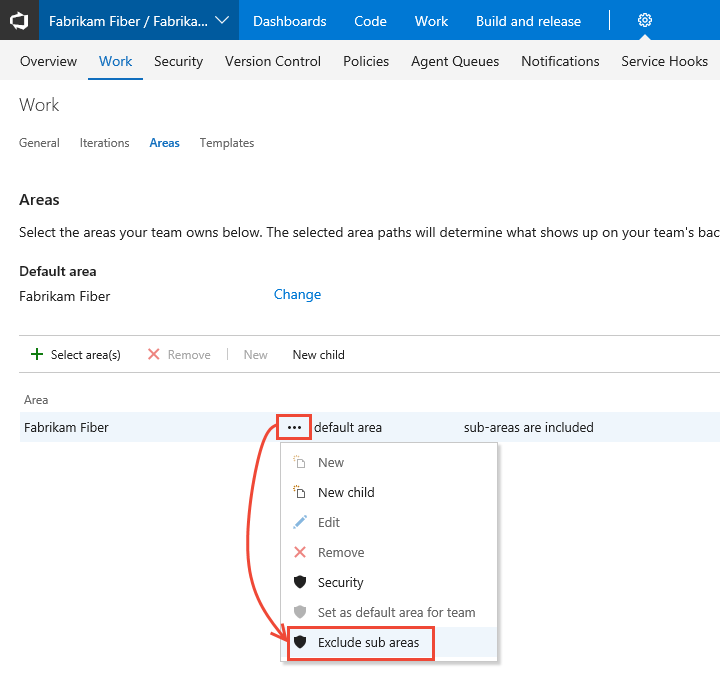 Screenshot of Web portal, Admin context, default project, Exclude work items defined in sub-area paths