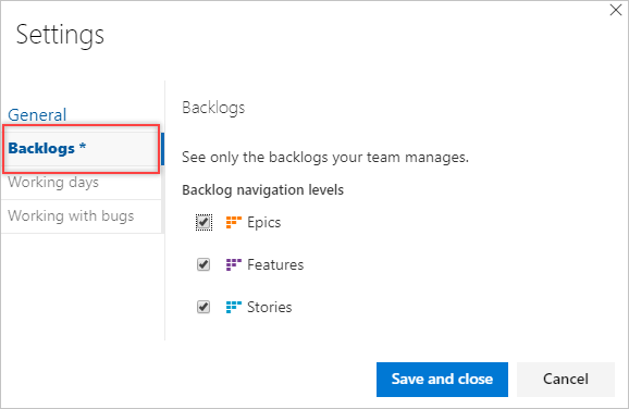 Team settings dialog, Backlogs tab