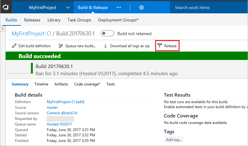 Screenshot showing release action on build summary