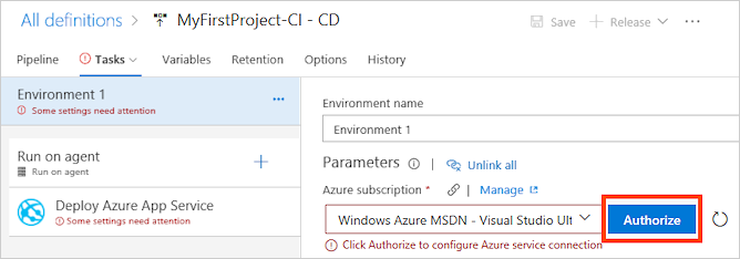 authorize azure subscription in new release pipeline