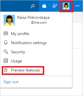 preview features action in profile menu