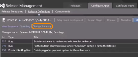 Configure Apps tab; vNext Release Templates tab; Change Summary tab