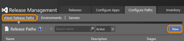 Configure Paths tab; vNext Release Paths tab; click New
