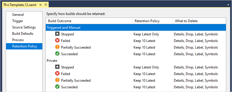 xaml build retention policy tab