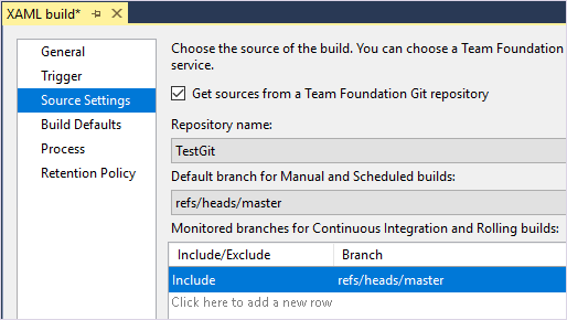 xaml build source settings git tfs