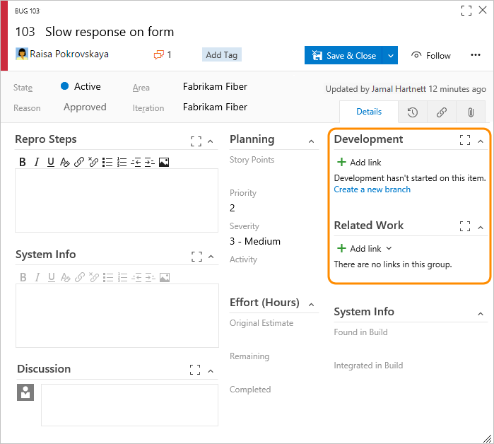 Bug work item form, Agile process, Development and Related links controls