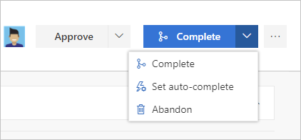 Complete button for the PR with its drop-down options