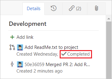 Linked Work Items showing completed PRs