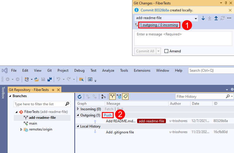 Screenshot of the 'outgoing / incoming' link in the 'Git Changes' window, and the Push link in the 'Git Repository' window of Visual Studio 2019.