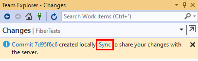 Screenshot of the Sync link that appears after making a commit in Visual Studio 2019.