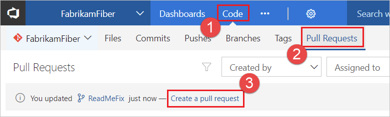 Screenshot that shows the prompt to create a P R on the Pull Requests tab in Azure Repos.