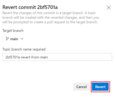 Screenshot that shows the 'Revert commit' dialog.
