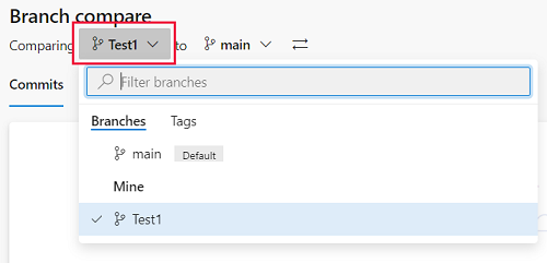 Screenshot that shows the 'Branch compare' dialog, with the first branch drop-down highlighted and branch 'Test1' selected.