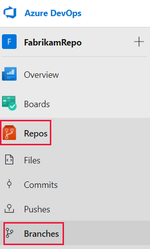 Screenshot that shows selecting 'Repos' and 'Branches' from the project menu.