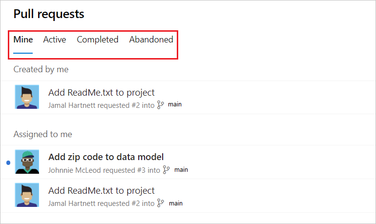 Viewing completed and abandoned PRs in Azure Repos.