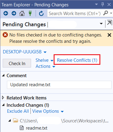 Use the Resolve Conflicts window to resolve conflicts.