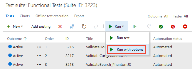 Configuring the Run with options dialog