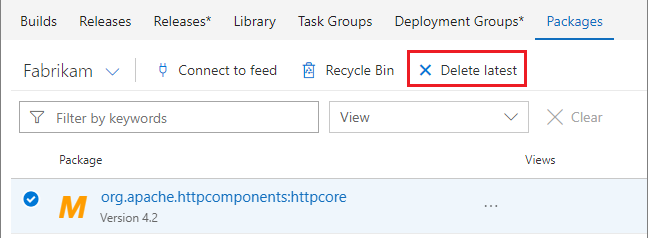 A screenshot showing how to delete a Maven package in Team Foundation Server 2018.
