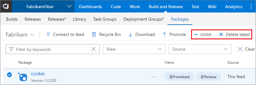 A screenshot showing how to delete or unlist a NuGet package in Team Foundation Server 2018.