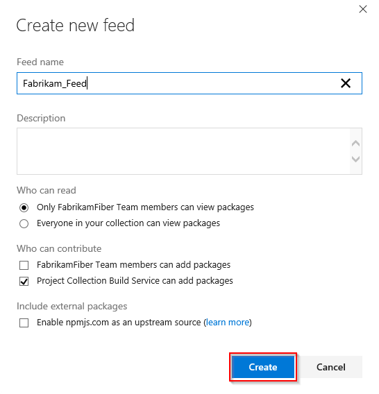 A screenshot showing how to create a new feed in TFS 2018.
