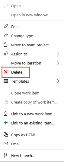 Screenshot of List of work items, actions menu, Delete, TFS 2018 version.