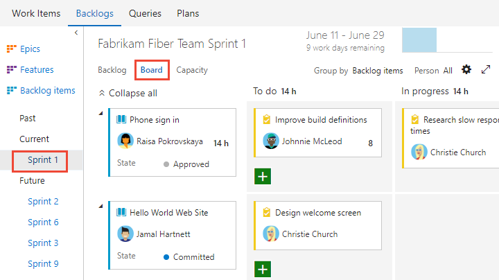Screenshot that shows how to Open the task Board for a sprint, TFS 2018.