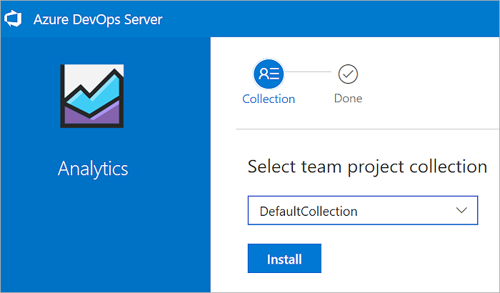 Screenshot showing the selected project collection for install and the Install button for selection.