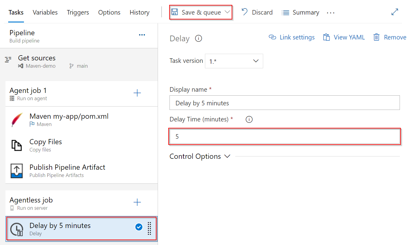 A screenshot showing how to add a delay task to an agentless job.