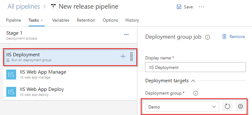 A screenshot showing how to set up the IIS deployment group.