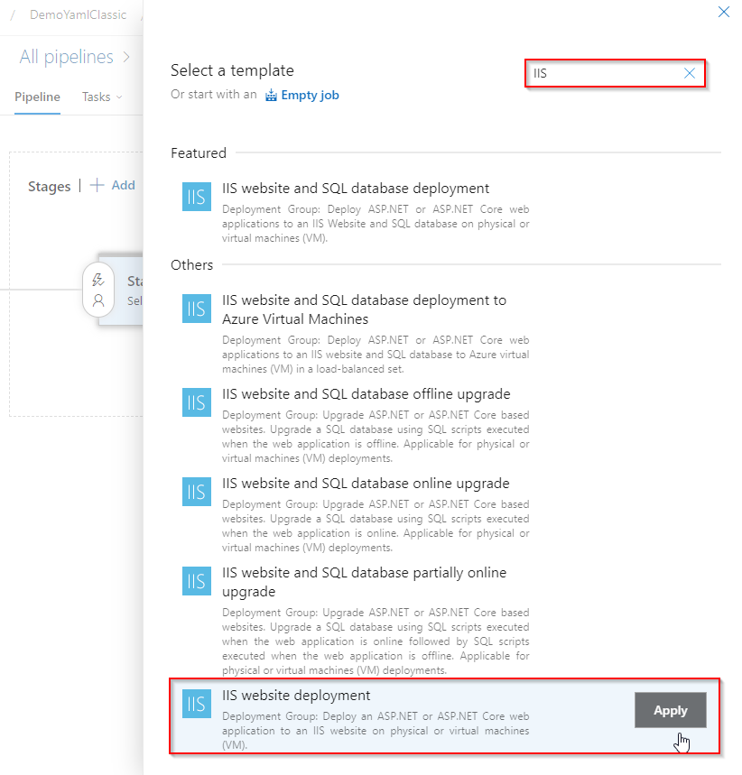 A screenshot showing how to add the IIS website deployment template.